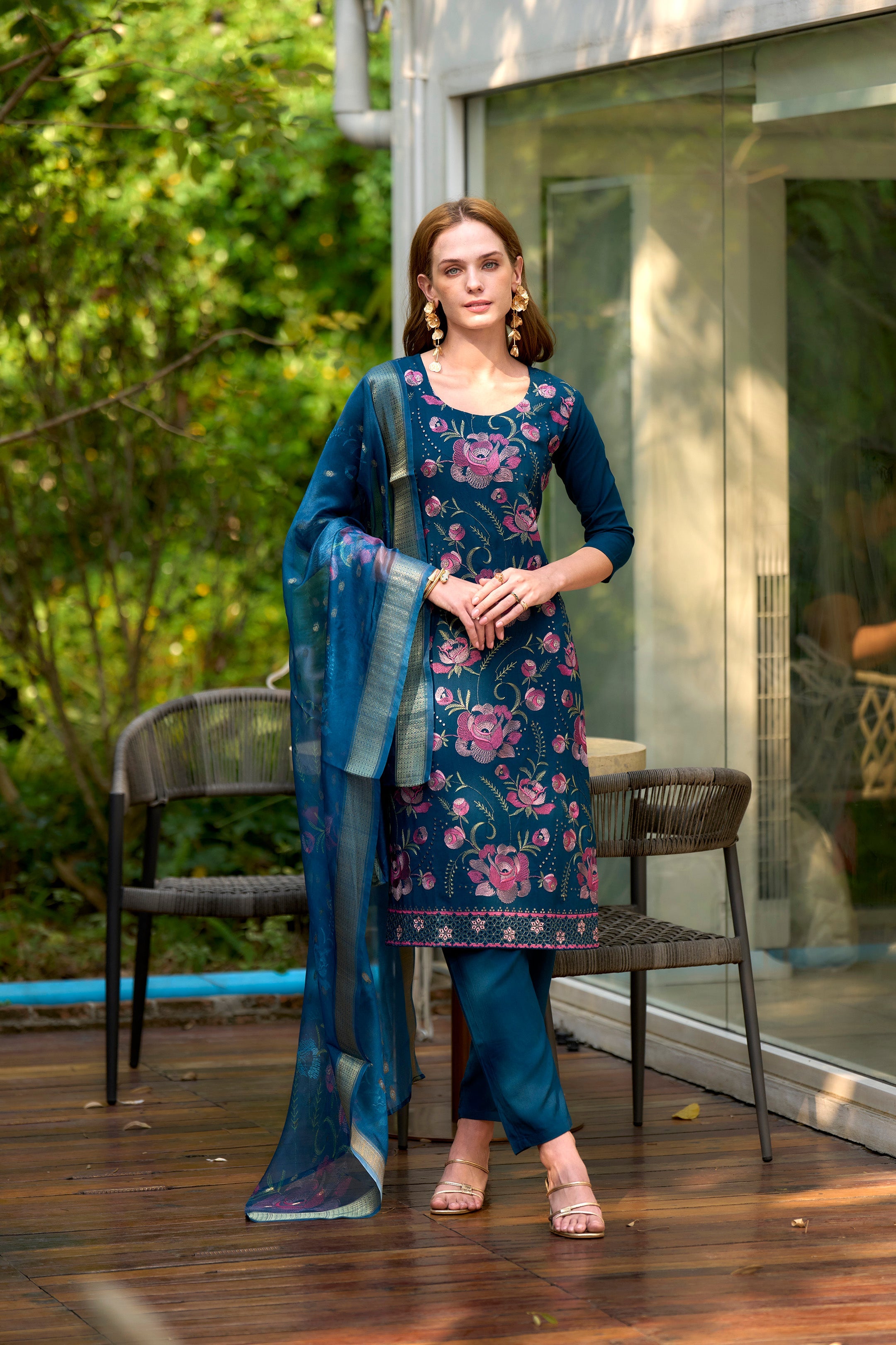 Navy Blue Rayon Kurti Set with Floral Embroidery & Organza Butti Dupatta